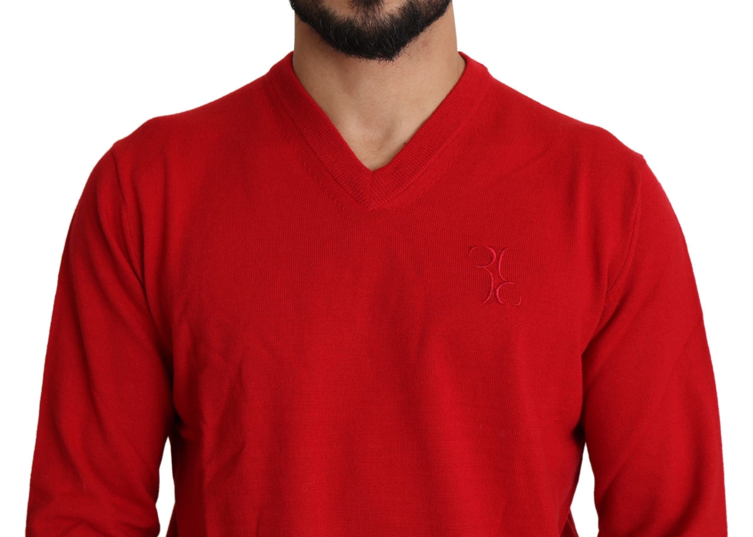 Milyarder İtalyan Modası Kırmızı Yün V Yaka Sweatshirt